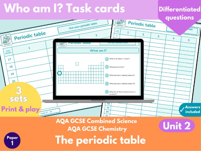 AQA GCSE Combined Science and Chemistry Periodic table What Am I? Task Cards | Unit 2