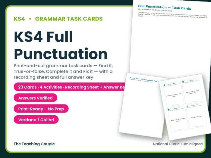 KS4 Full Punctuation Task Cards – 23 Grammar Cards + Answer Key