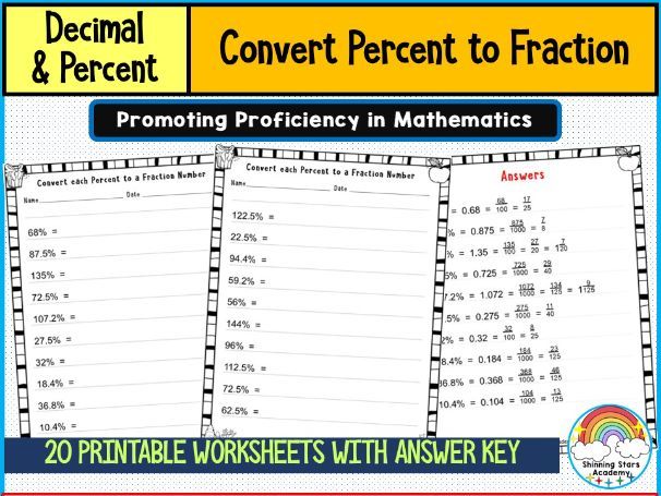 Convert Percent to Fraction Worksheets | Math Conversion Practice