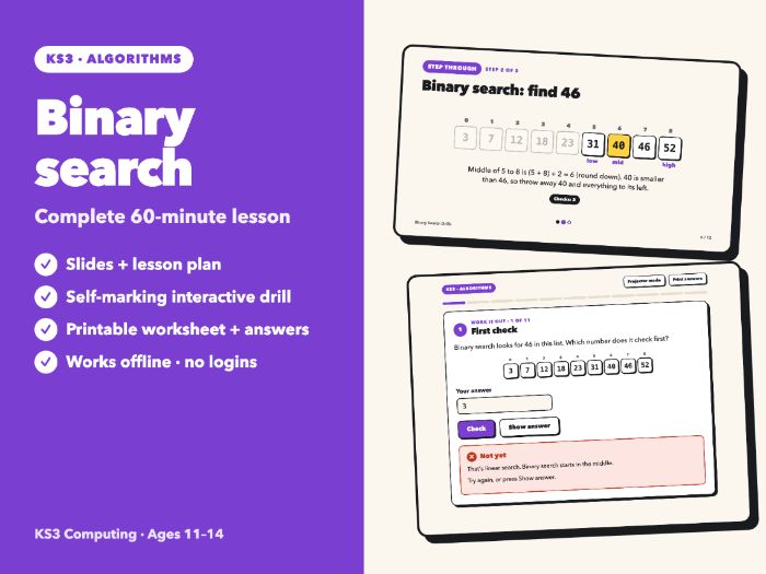Binary Search: Complete KS3 Lesson | Step-Through Slides, Self-Marking Drill, Worksheet | Ages 11-14