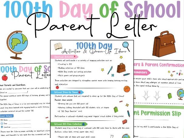100th Day of School Parent Letter Editable | Dress-Up Ideas, Activities & Permission