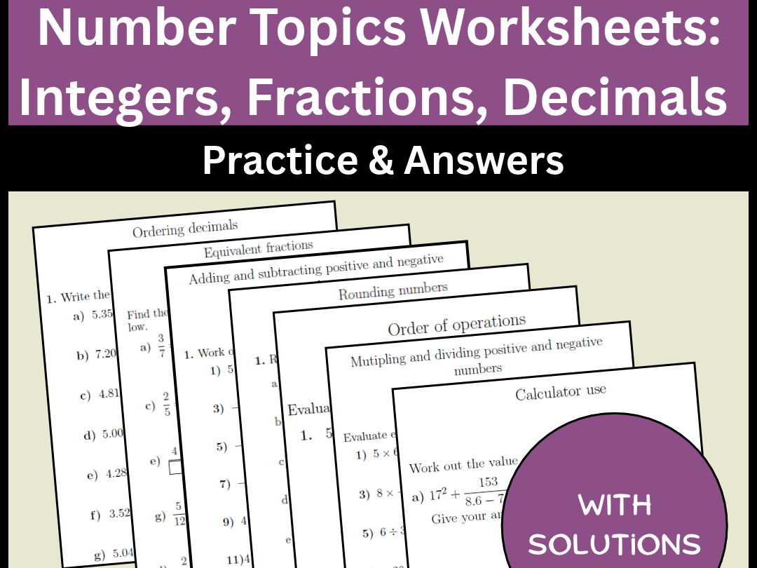 Number Topics Worksheets Integers, Fractions, Decimals Practice & Answers
