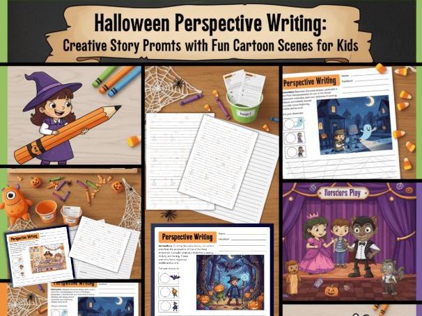 Halloween Perspective Writing Creative Story Prompts with Cartoon Scenes for kids