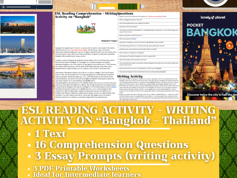 ESL Reading Comprehension + Writing Activity Worksheets on "Bangkok" - Thailand