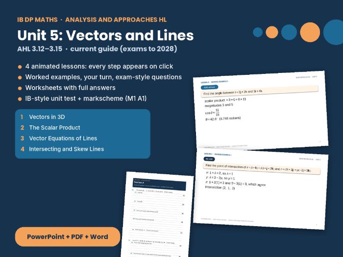 IB Maths AA HL Vectors and Lines – HL Unit 5: scalar product, vector lines, skew lines, IB test