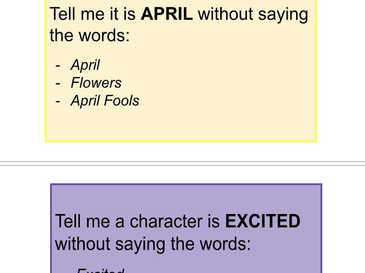 Show, don't tell Flashcards: Months and Characters. Creative writing prompts / teaching resource