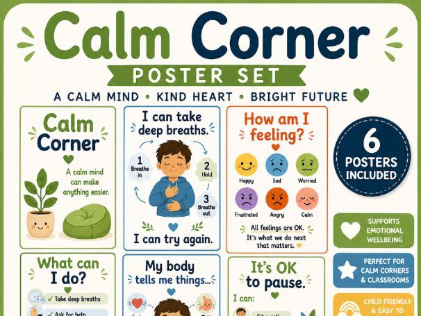 Calm Corner Poster Set | KS1 Emotional Regulation Posters | SEN / SEMH Classroom Display | Feelings