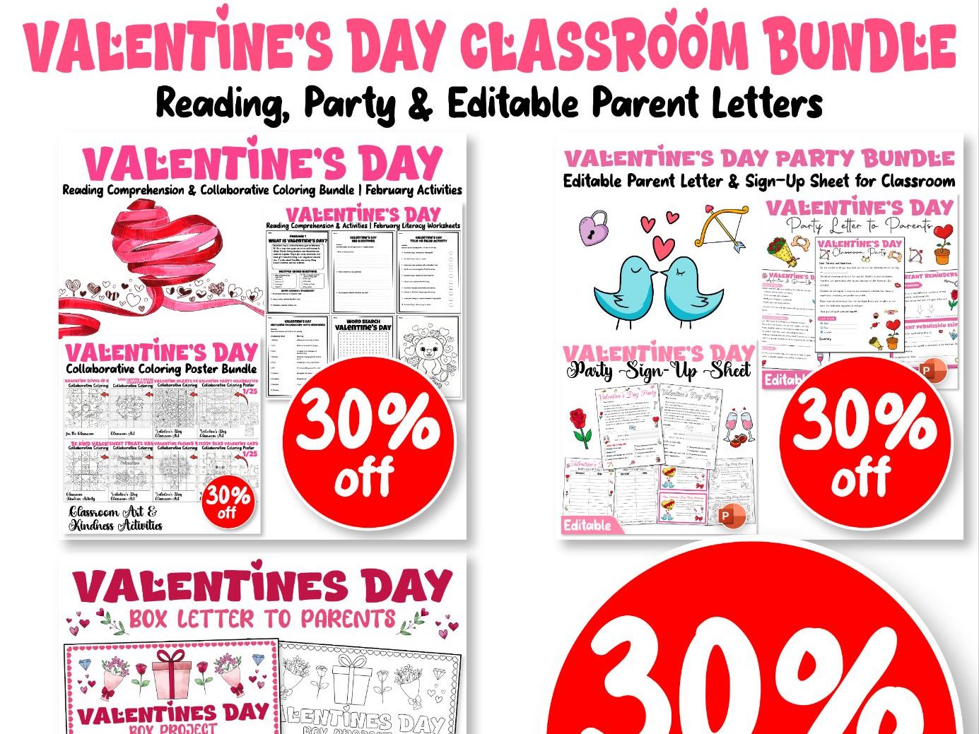 Valentine’s Day Classroom Bundle | Reading, Party & Editable Parent Letters