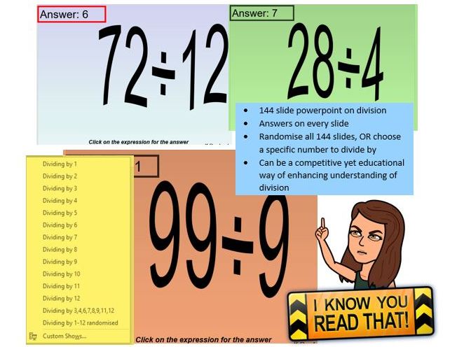 KS2 KS3 144 Powerpoint Slides Testing on Division in the Times / Multiplication Table