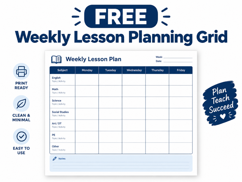 [FREE] Weekly Lesson Planning Grid | Printable Teacher Planner Insert