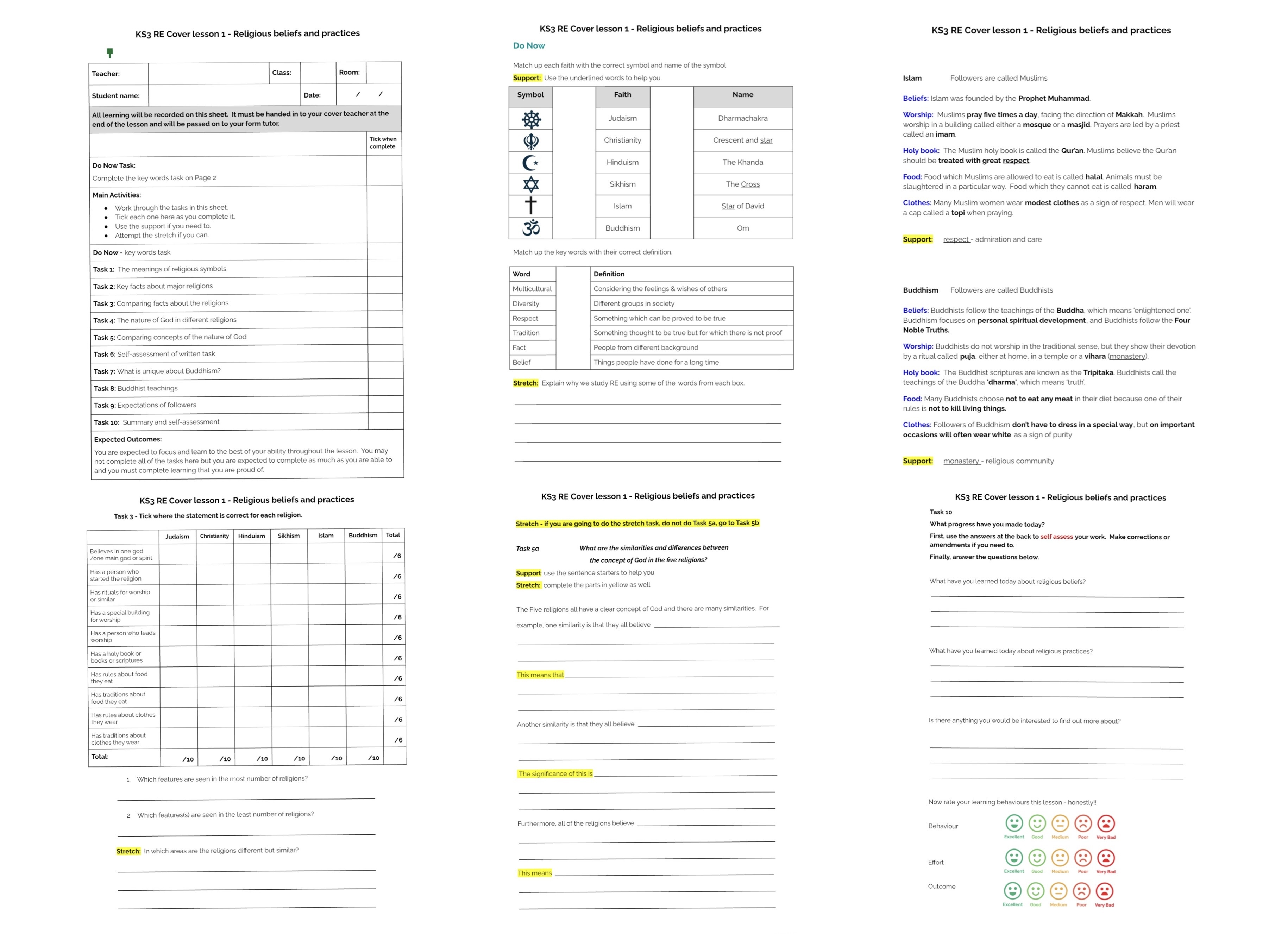 RE Cover lesson KS3 & KS4 -standalone lesson on religious beliefs and practices with answers