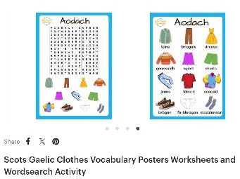 Scots Gaelic Clothes Vocabulary Posters Worksheets and Wordsearch Activity