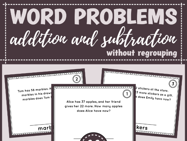 2-Digit Addition & Subtraction without Regrouping | Word Problem Task Cards | KS1-KS2 Maths