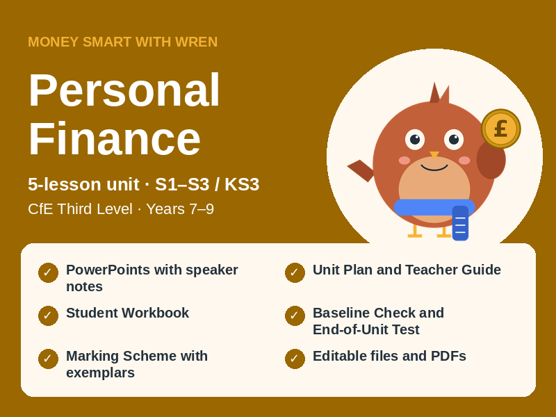 Personal Finance Unit: Money Smart with Wren (CfE Third Level / KS3), 5 Lessons