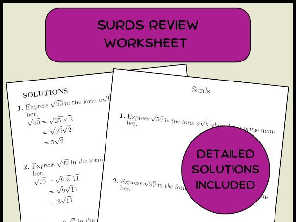 Surds review worksheet (with solutions)