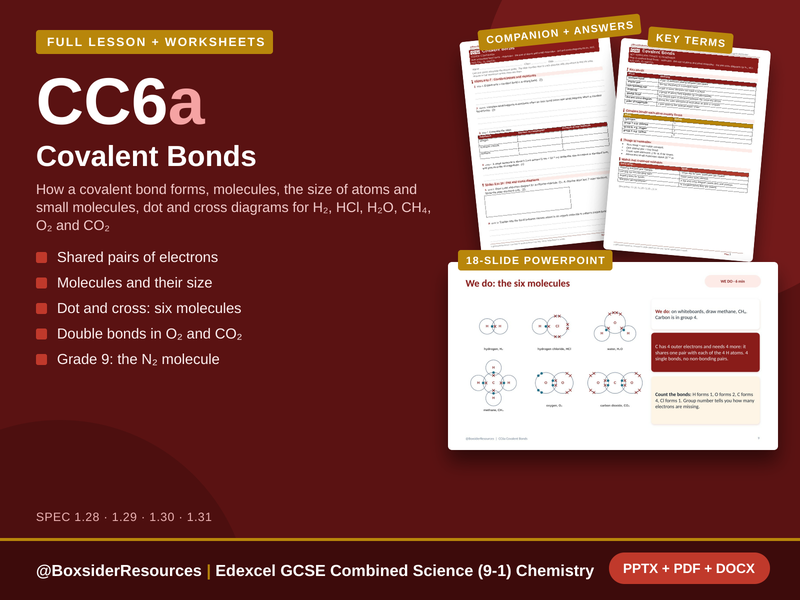 CC6a Covalent Bonds | Edexcel GCSE Combined Science (9-1) | Lesson + Worksheet