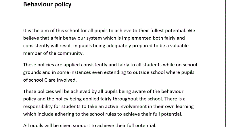 Sample Behaviour Policy for a mock school for PGCE students