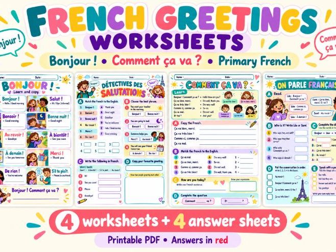 French Greetings Worksheets + Answers | Bonjour & Comment ça va ? | Primary French