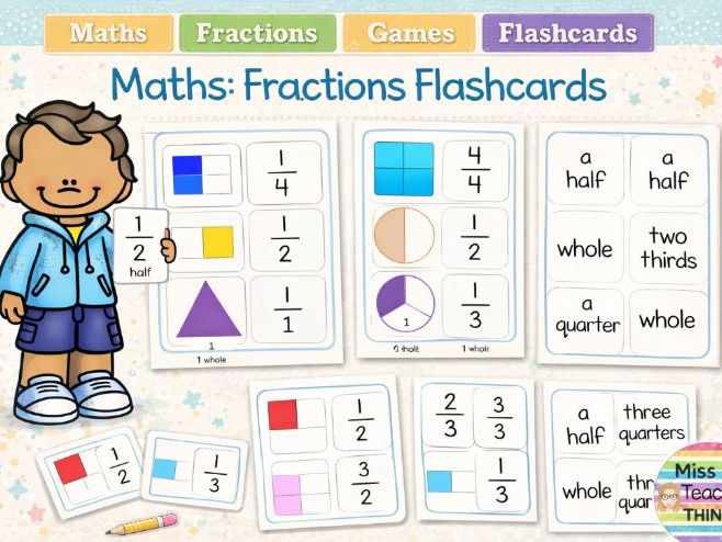 Year 1 Maths - fractions flashcards matching game - halves, quarters, thirds, whole