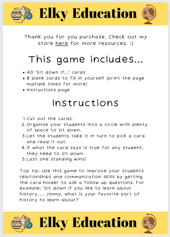 'Sit down if...' Icebreaker new class game Teaching Resources
