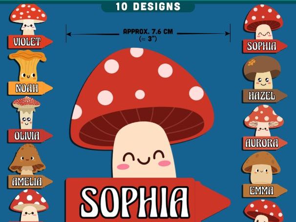 Mushroom Name Tags, Editable Locker & Cubby Labels, Whimsical Woodland Theme