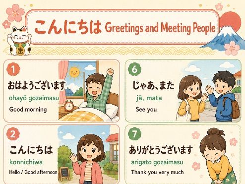 Japanese Greetings and Everyday Phrases Display Poster – 10 Expressions (JLPT N5)