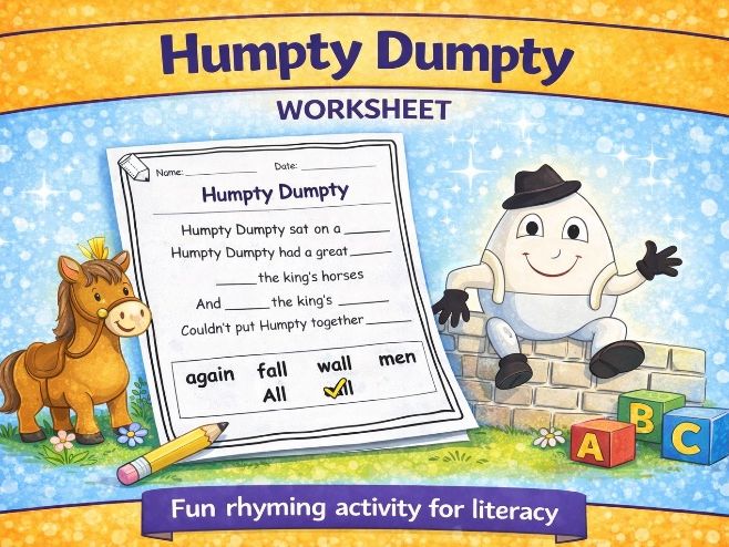 Humpty Dumpty nursery rhyme worksheet - Reception/Year 1 fill in blanks