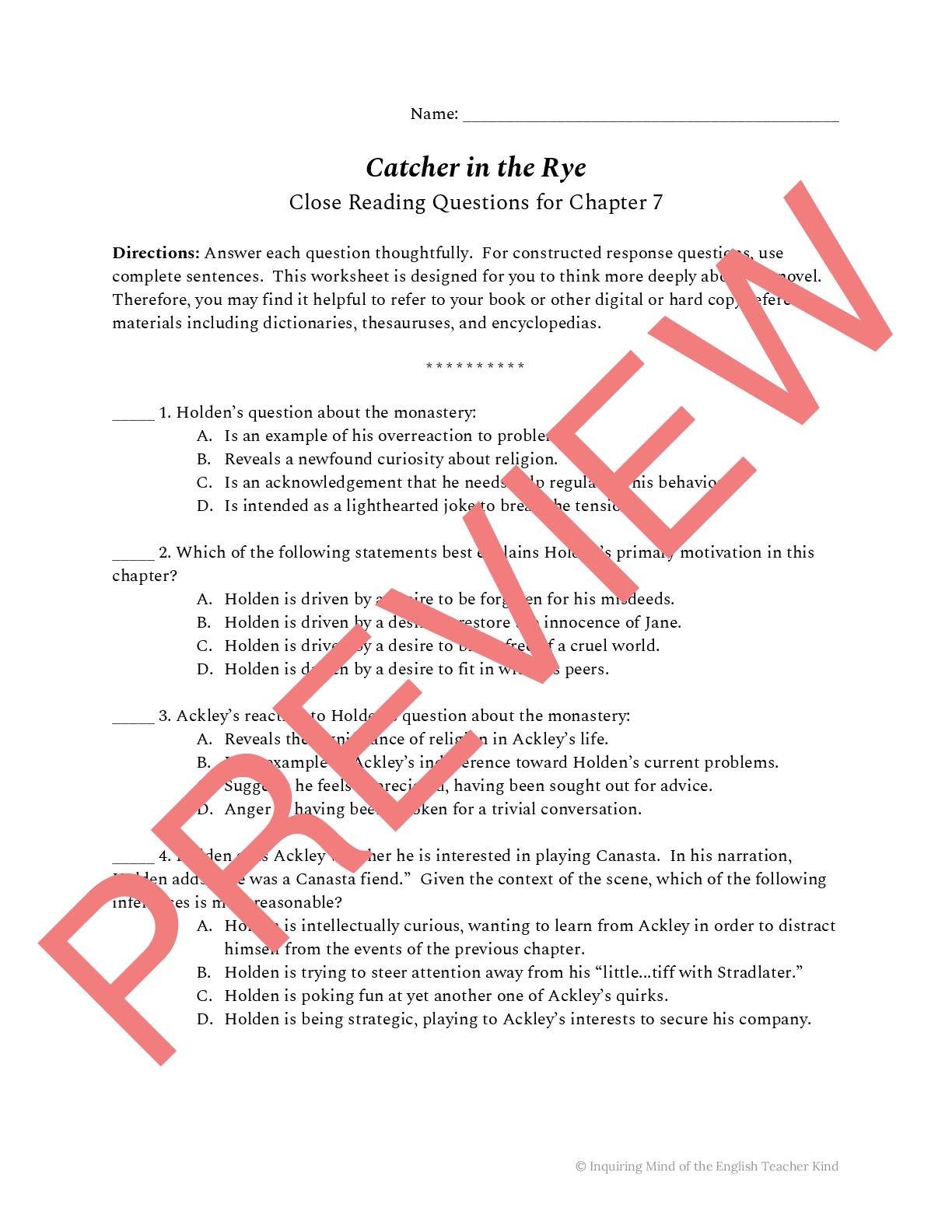 Catcher in the Rye Close Reading Worksheet for Chapter 7 | Teaching
