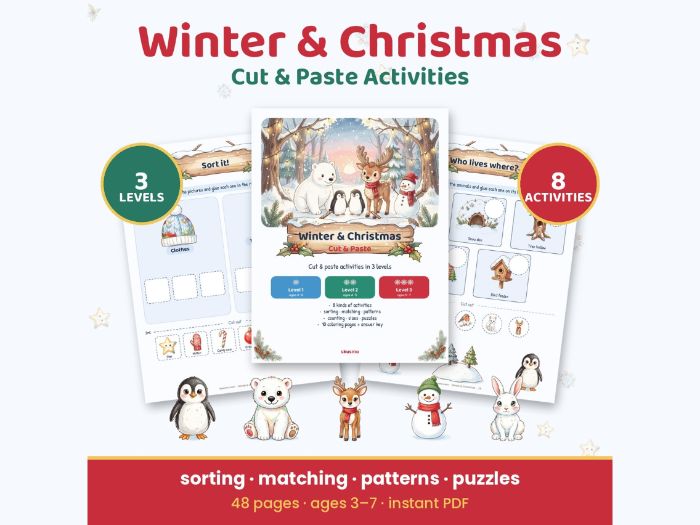 Winter & Christmas Cut and Paste - 27 Activities in 3 Levels