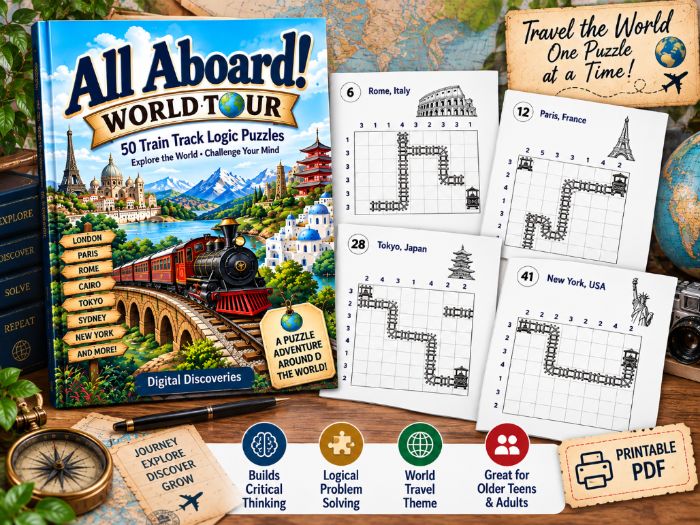 All Aboard! World Tour – 50 Train Track Logic Puzzles for Older Teens & Adults | Critical Thinking