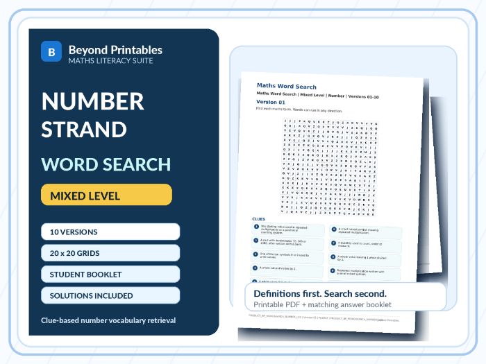 Number Strand Maths Word Search | 10 Printable Vocabulary Puzzles with Solutions