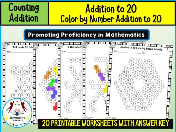 Addition to 20 – Color by Number Activity Worksheets Math Problems