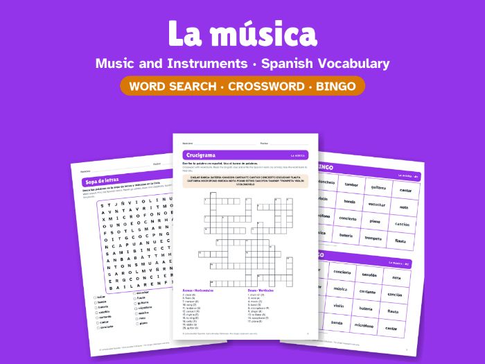 Music and Instruments in Spanish: Word Search, Crossword & Bingo