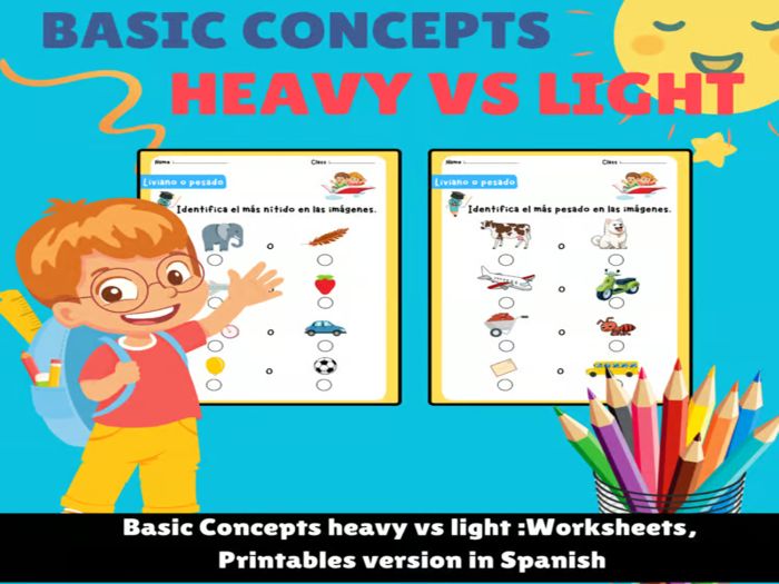 Basic Concepts heavy vs light - Printable in Spanish