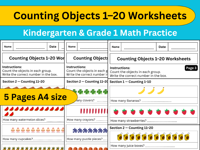 Counting Objects 1-20 Worksheets | Kindergarten and Grade 1 Math Practice