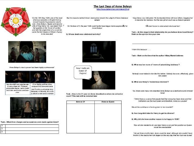 The last days of Anne Boleyn - Worksheet to Support the BBC TV Documentary