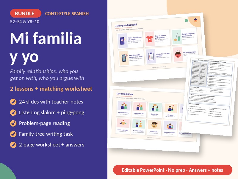 Spanish Family Relationships Bundle: 2 Conti-Style Lessons + Worksheet