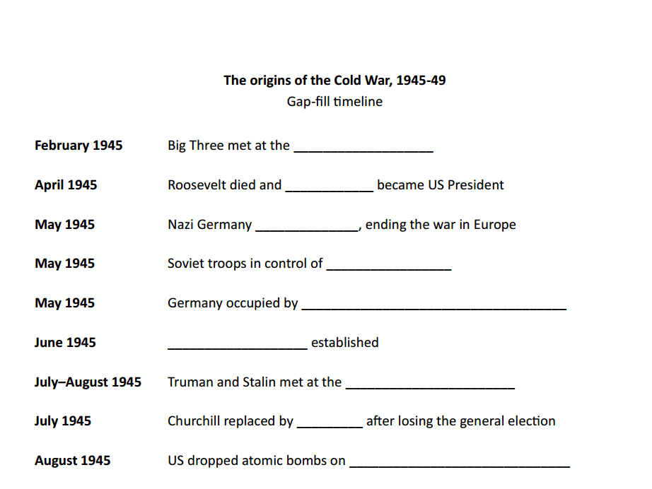 Gap-fill timelines - To the brink of nuclear war (AQA A-level history Unit 2R)