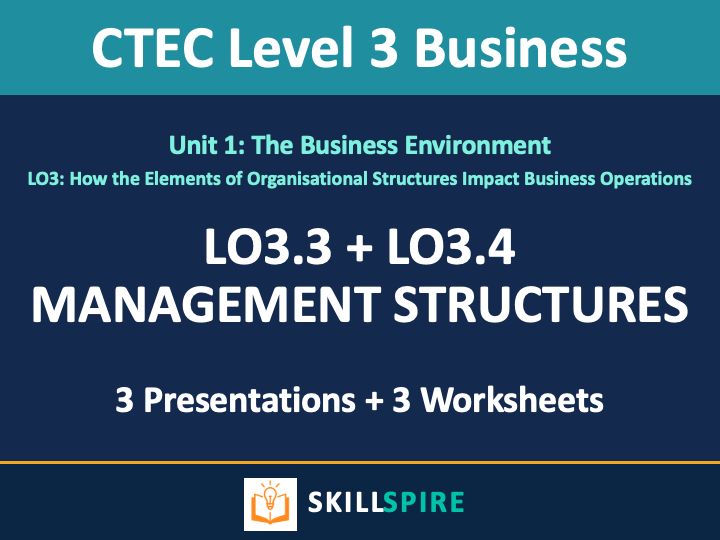 CTEC Level 3 Business – Unit 1 LO3.3+4 | Management Structures & Roles | 3 PowerPoints & Worksheets