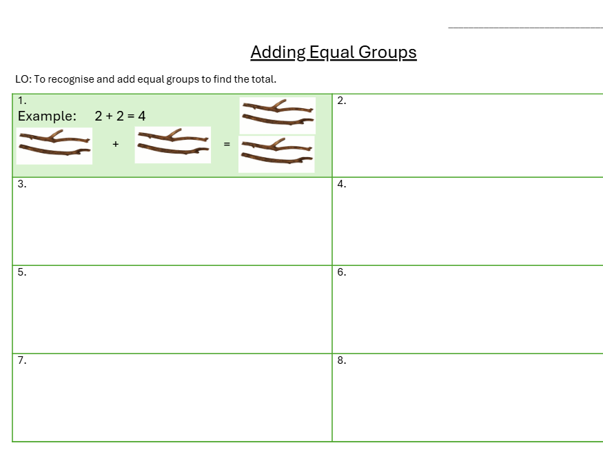 Adding Equal Groups- Year 1 Maths Worksheet- Outdoor Learning