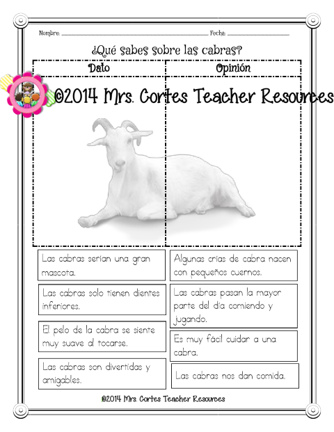 What do you know about goats???  Fact and Opinion Bilingual Freebie