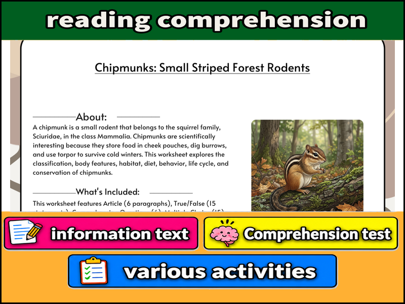 Chipmunks: Small Striped Forest Rodents  & Comprehension Test