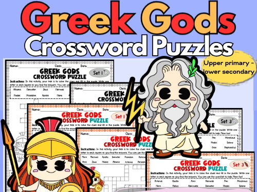 Greek Gods Differentiated Crossword Puzzles with Word Bank and Colour / B&W Options