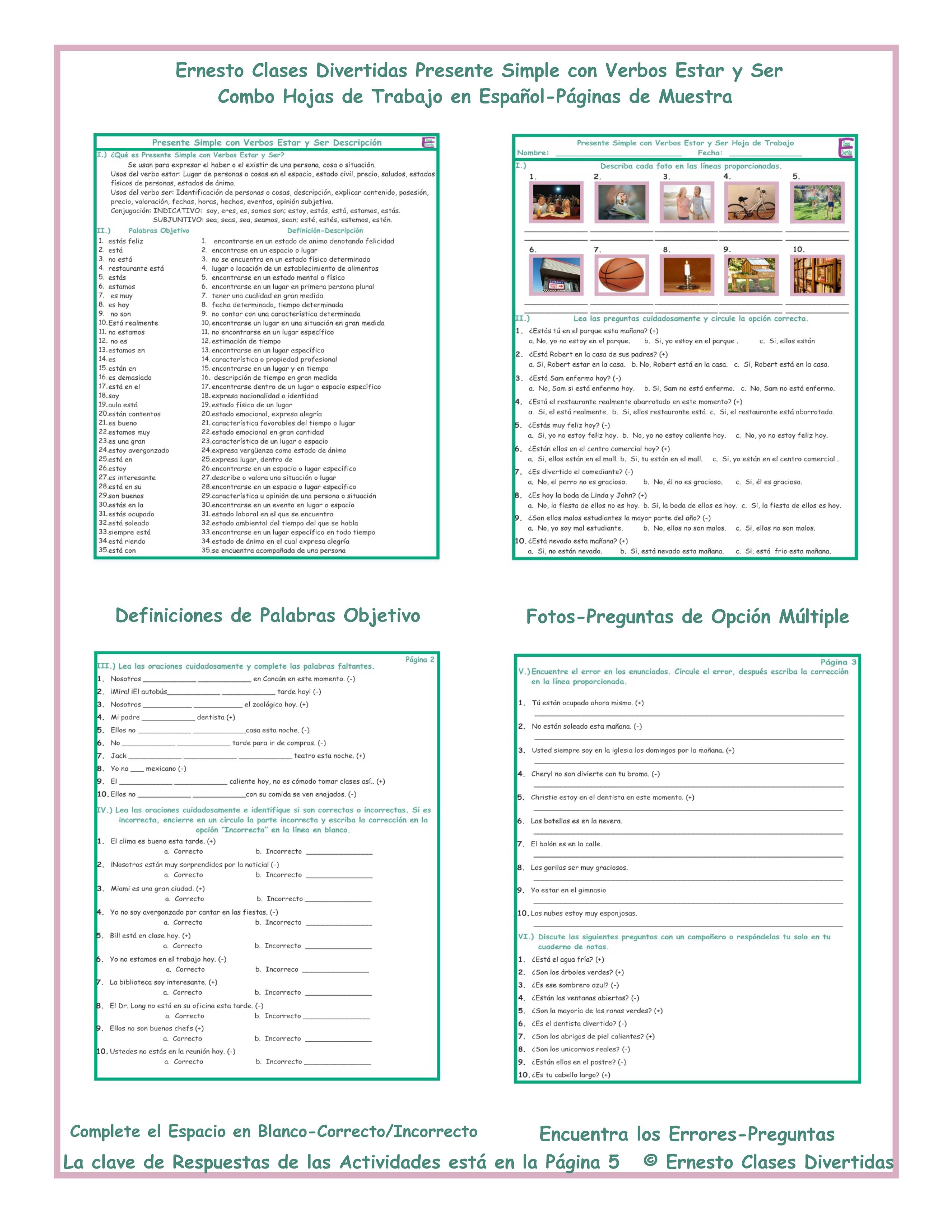 Present Tense Estar and Ser Combo Activities Spanish Worksheets Regarding Ser Estar Worksheet Answers