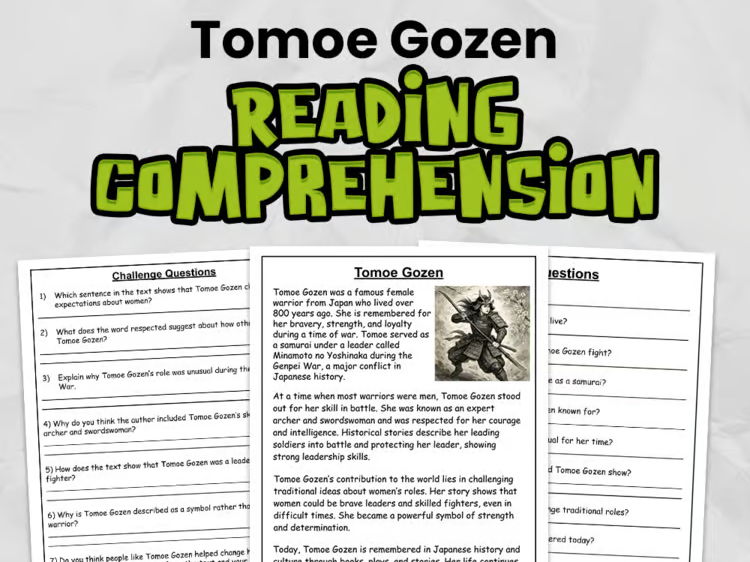 Tomoe Gozen Reading Comprehension for Gr 3 - 5 | Easy Printable Activity