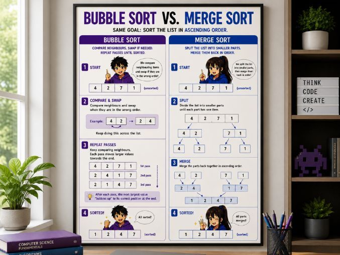 Bubble Sort vs Merge Sort | FREE GCSE Computer Science Algorithms Poster | A4 JPEG