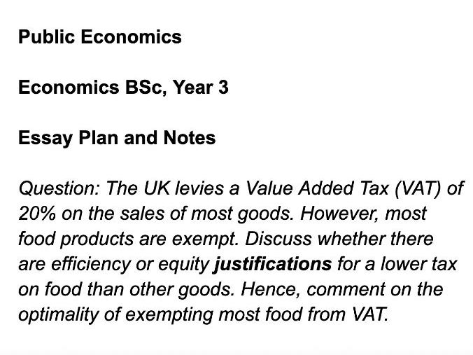 Essay Plan for Year 3 Economics BSc Course - Public Economics, Public Finance and Public Policy