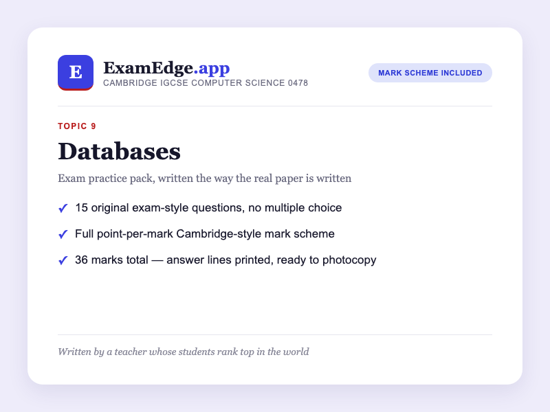 IGCSE Computer Science 0478: Databases Practice Pack + Mark Scheme