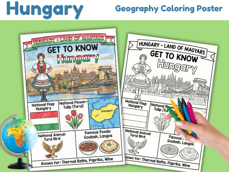 Hungary Geography Coloring Poster | Country Facts & Culture Activity
