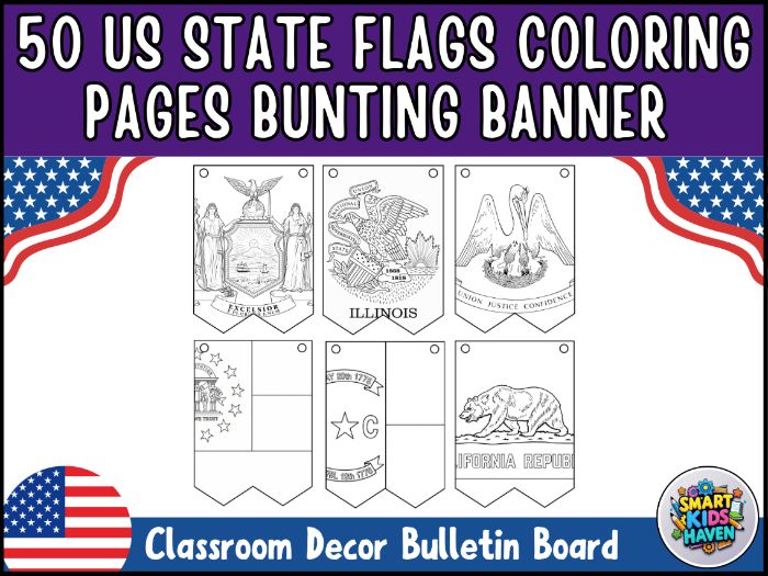 US State Flags Coloring Pages All 50 States Bunting Banner USA Geography Set 4